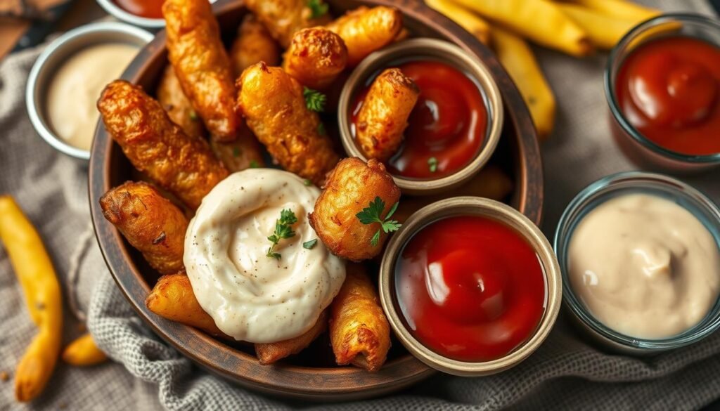 double-fried potatoes with dipping sauces